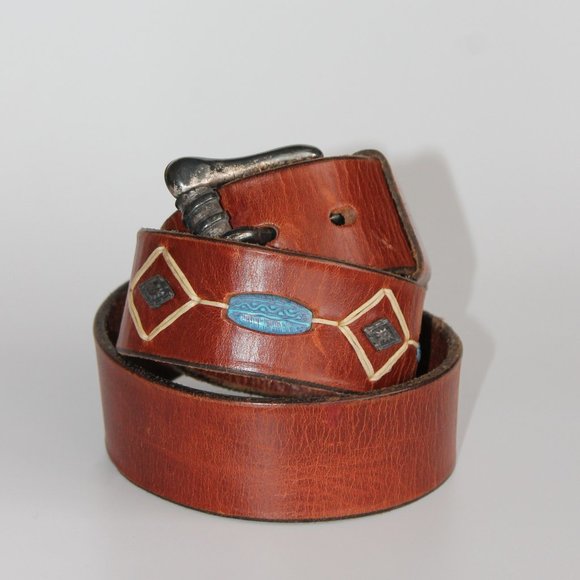 SOLD / 1990s Vintage Turquoise Stone Italian Leather Belt ~ 34" - Picture 2 of 7